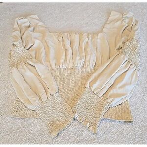 Square-Neck Smocked Blouse in Cream